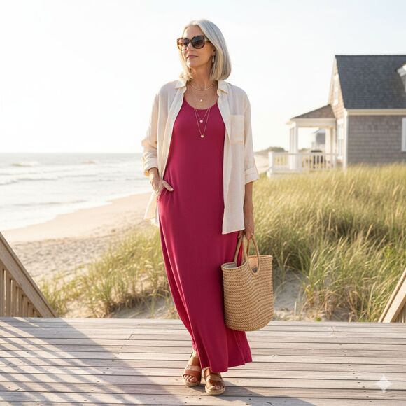 Soft Surroundings NWT Santiago Fuchsia Sleeveless Maxi Dress Pockets Petite L - Picture 7 of 12